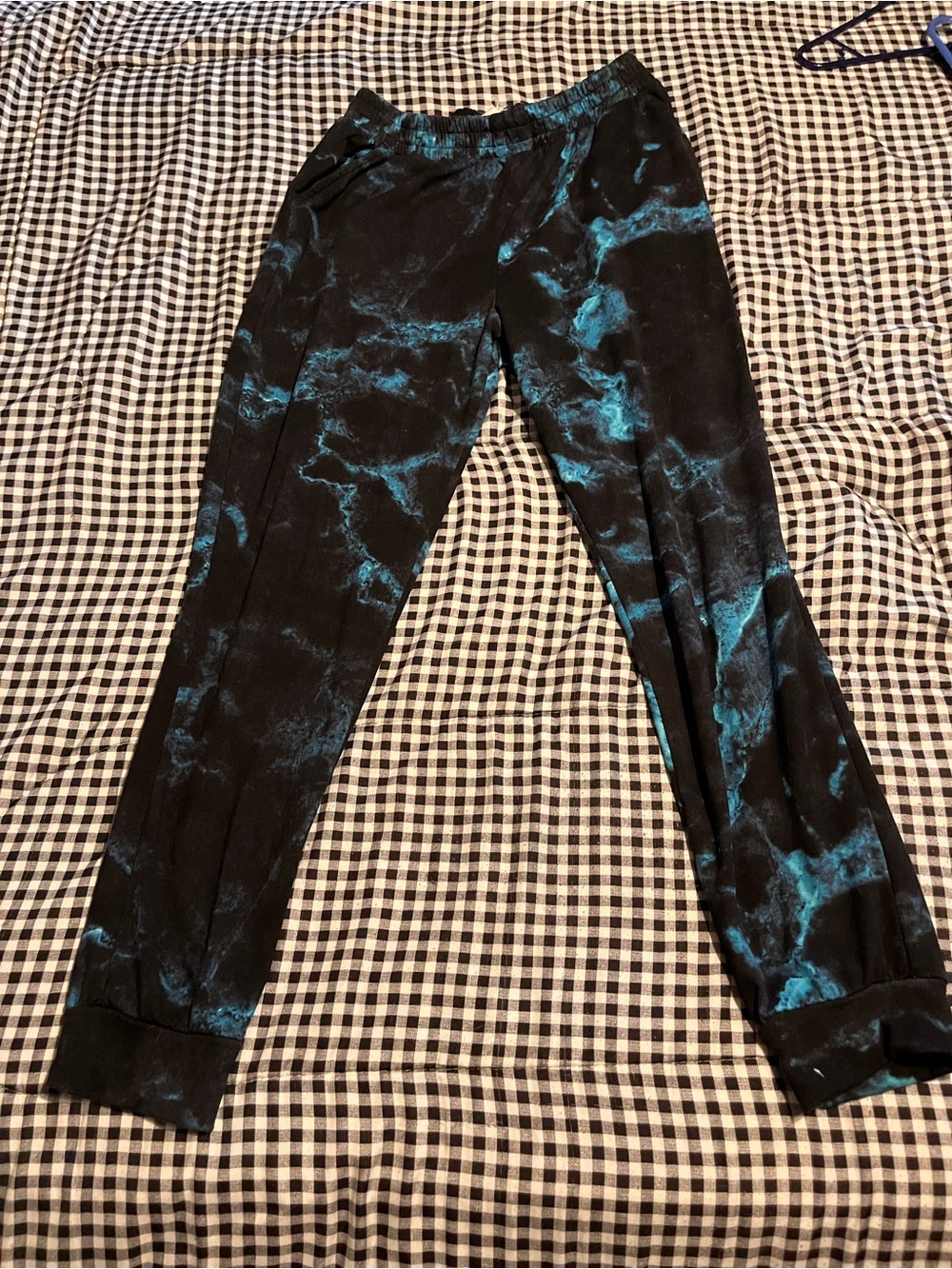 shosho Black Jogger Pants with Teal Tie-Dye Accents